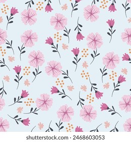Botanical seamless pattern with hand drawn pink flowers on a white backgroond. For fashion prints, fabrics, wallpapers, textile and covers