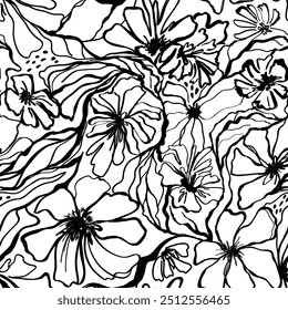 Botanical seamless pattern. hand drawn abstract flowers leaves. black dashed lines and brush strokes on white background. art forms plant. Fashionable print