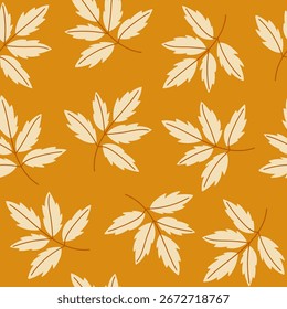 Padrão botânico sem costura com folhas bege desenhadas à mão em um fundo laranja. Impressão mínima com folhagem colorida para design decorativo. Design de vetor têxtil.