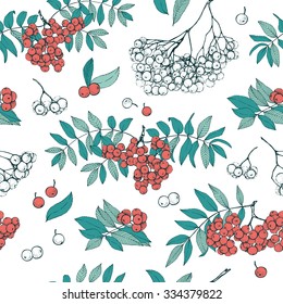Botanical seamless pattern. Hand drawn illustration of rowan branches with berries in red, white and aquamarine colors.
