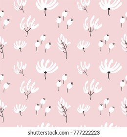 Botanical seamless pattern with hand drawn herbs, leaves, branches, berries. Floral seamless pattern with pink background. Perfect for graphic design for paper, textile print.