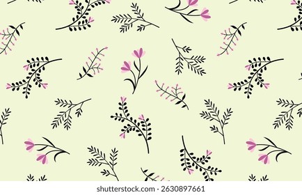 Botanical Seamless Pattern with Hand-Drawn Flowers on Light Green Background.