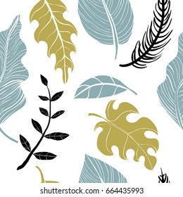 Botanical seamless pattern with herbs and leaves. Hand drawn illustration. Modern and original textile print, wrapping paper, wall art design