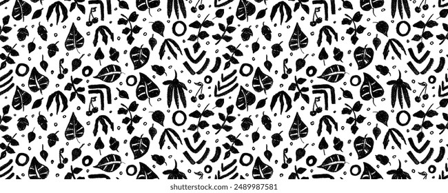 Botanical   seamless pattern illustration with abstract leaves. Children style floral doodle background, funny basic nature shapes wallpaper.