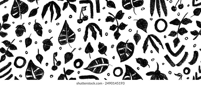 Botanical   seamless pattern illustration with abstract leaves. Children style floral doodle background, funny basic nature shapes wallpaper.