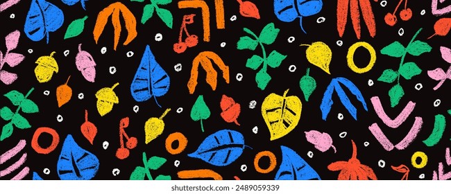 Botanical   seamless pattern illustration with multicolored leaves. Children style floral doodle background, funny basic nature shapes wallpaper.