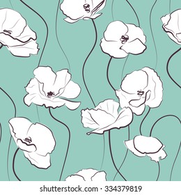 Botanical seamless pattern. Illustration of white different poppy flowers on aquamarine background.