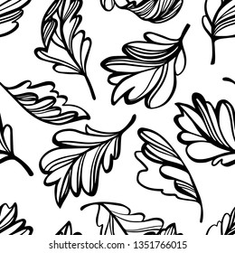 Botanical seamless pattern isolated on white. Plane leaves of a tree isolated. Outline plane drawing, vector floral background.