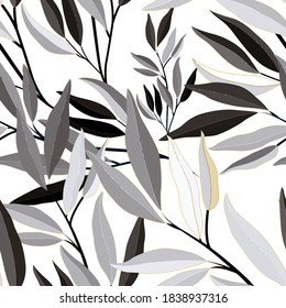 Botanical seamless pattern with leaves. Bright summer or spring print for any purposes. Colorful hand drawn illustration. Vintage natural pattern. Organic background.