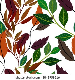 Botanisches nahtloses Muster mit Blättern. Heller Sommer- oder Frühlingsdruck für jeden Zweck. Farbige, handgezeichnete Illustration. Vintage natürliche Muster. Organischer Hintergrund.	