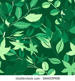 Botanical seamless pattern with leaves. Bright summer or spring print for any purposes. Colorful hand drawn illustration. Vintage natural pattern. Organic background.	