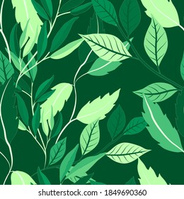 Botanical seamless pattern with leaves. Bright summer or spring print for any purposes. Colorful hand drawn illustration. Vintage natural pattern. Organic background.	