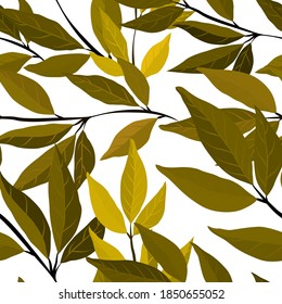 Botanical seamless pattern with leaves. Bright summer or spring print for any purposes. Colorful hand drawn illustration. Vintage natural pattern. Organic background.	