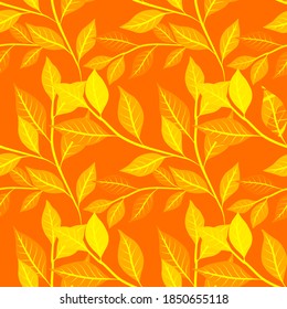 Botanical seamless pattern with leaves. Bright summer or spring print for any purposes. Colorful hand drawn illustration. Vintage natural pattern. Organic background.	