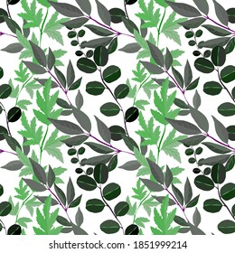 Patrón botánico sin soldadura con hojas. Brillante impresión de verano o primavera para cualquier propósito. Colorida ilustración dibujada a mano. Patrón natural vintage. Fondo orgánico.	