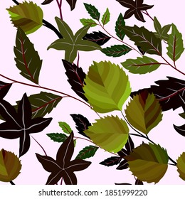 Botanisches nahtloses Muster mit Blättern. Heller Sommer- oder Frühlingsdruck für jeden Zweck. Farbige, handgezeichnete Illustration. Vintage natürliche Muster. Organischer Hintergrund.	