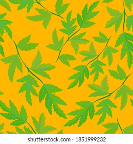 Botanical seamless pattern with leaves. Bright summer or spring print for any purposes. Colorful hand drawn illustration. Vintage natural pattern. Organic background.	