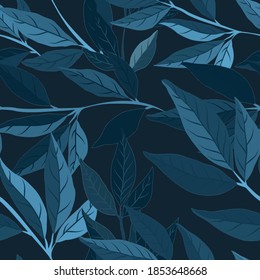 Botanisches nahtloses Muster mit Blättern. Heller Sommer- oder Frühlingsdruck für jeden Zweck. Farbige, handgezeichnete Illustration. Vintage natürliche Muster. Organischer Hintergrund.	