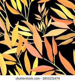 Patrón botánico sin soldadura con hojas. Brillante impresión de verano o primavera para cualquier propósito. Colorida ilustración dibujada a mano. Patrón natural vintage. Fondo orgánico.	