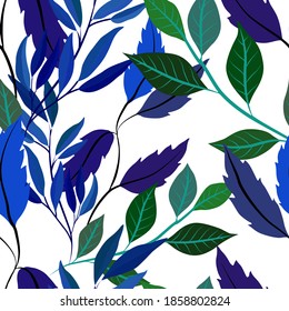 Botanical seamless pattern with leaves. Bright summer or spring print for any purposes. Colorful hand drawn illustration. Vintage natural pattern. Organic background.	