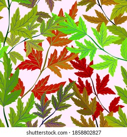 Botanical seamless pattern with leaves. Bright summer or spring print for any purposes. Colorful hand drawn illustration. Vintage natural pattern. Organic background.	