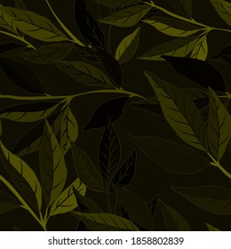 Botanical seamless pattern with leaves. Bright summer or spring print for any purposes. Colorful hand drawn illustration. Vintage natural pattern. Organic background.	