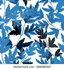 Botanisches nahtloses Muster mit Blättern. Heller Sommer- oder Frühlingsdruck für jeden Zweck. Farbige, handgezeichnete Illustration. Vintage natürliche Muster. Organischer Hintergrund.	