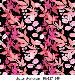 Patrón botánico sin soldadura con hojas. Brillante impresión de verano o primavera para cualquier propósito. Colorida ilustración dibujada a mano. Patrón natural vintage. Fondo orgánico.	