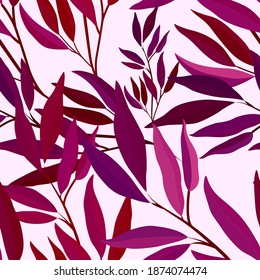 Botanical seamless pattern with leaves. Bright summer or spring print for any purposes. Colorful hand drawn illustration. Vintage natural pattern. Organic background.	