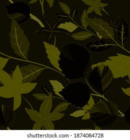 Botanical seamless pattern with leaves. Bright summer or spring print for any purposes. Colorful hand drawn illustration. Vintage natural pattern. Organic background.	