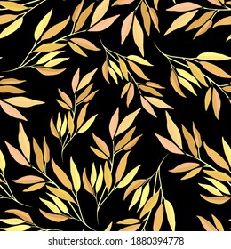 Botanical seamless pattern with leaves. Bright summer or spring print for any purposes. Colorful hand drawn illustration. Vintage natural pattern. Organic background.	