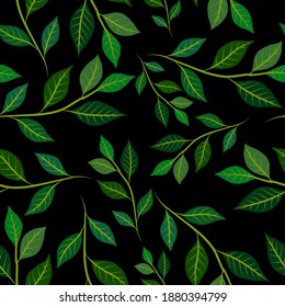 Botanical seamless pattern with leaves. Bright summer or spring print for any purposes. Colorful hand drawn illustration. Vintage natural pattern. Organic background.	