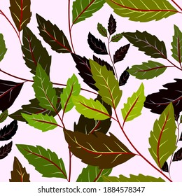 Patrón botánico sin soldadura con hojas. Brillante impresión de verano o primavera para cualquier propósito. Colorida ilustración dibujada a mano. Patrón natural vintage. Fondo orgánico.	