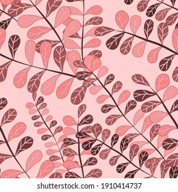 Botanical seamless pattern with leaves. Bright summer or spring print for any purposes. Colorful hand drawn illustration. Vintage natural pattern. Organic background.	