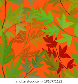 Botanical seamless pattern with leaves. Bright summer or spring print for any purposes. Colorful hand drawn illustration. Vintage natural pattern. Organic background.	