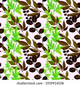 Botanical seamless pattern with leaves. Bright summer or spring print for any purposes. Colorful hand drawn illustration. Vintage natural pattern. Organic background.	