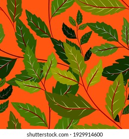 Botanical seamless pattern with leaves. Bright summer or spring print for any purposes. Colorful hand drawn illustration. Vintage natural pattern. Organic background.	