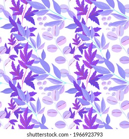 Botanical seamless pattern with leaves. Bright summer or spring print for any purposes. Colorful hand drawn illustration. Vintage natural pattern. Organic background.	