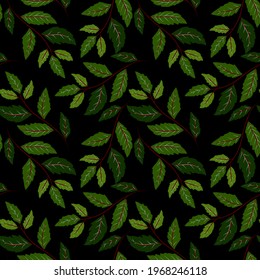 Botanical seamless pattern with leaves. Bright summer or spring print for any purposes. Colorful hand drawn illustration. Vintage natural pattern. Organic background.	