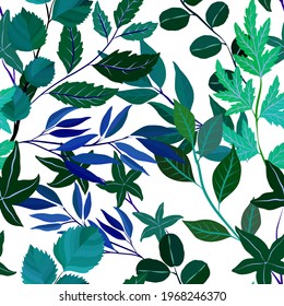 Botanical seamless pattern with leaves. Bright summer or spring print for any purposes. Colorful hand drawn illustration. Vintage natural pattern. Organic background.	