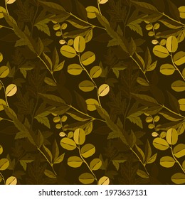 Botanical seamless pattern with leaves. Bright summer or spring print for any purposes. Colorful hand drawn illustration. Vintage natural pattern. Organic background.	