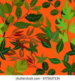 Botanical seamless pattern with leaves. Bright summer or spring print for any purposes. Colorful hand drawn illustration. Vintage natural pattern. Organic background.	