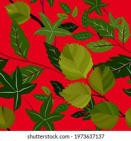 Botanical seamless pattern with leaves. Bright summer or spring print for any purposes. Colorful hand drawn illustration. Vintage natural pattern. Organic background.	