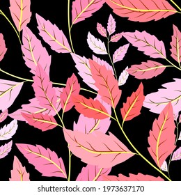 Botanical seamless pattern with leaves. Bright summer or spring print for any purposes. Colorful hand drawn illustration. Vintage natural pattern. Organic background.	