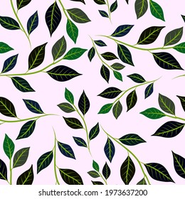 Botanical seamless pattern with leaves. Bright summer or spring print for any purposes. Colorful hand drawn illustration. Vintage natural pattern. Organic background.	