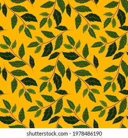 Botanical seamless pattern with leaves. Bright summer or spring print for any purposes. Colorful hand drawn illustration. Vintage natural pattern. Organic background.	