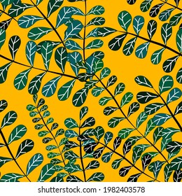 Botanical seamless pattern with leaves. Bright summer or spring print for any purposes. Colorful hand drawn illustration. Vintage natural pattern. Organic background.	