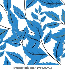 Botanisches nahtloses Muster mit Blättern. Heller Sommer- oder Frühlingsdruck für jeden Zweck. Farbige, handgezeichnete Illustration. Vintage natürliche Muster. Organischer Hintergrund.	