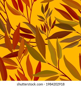 Botanisches nahtloses Muster mit Blättern. Heller Sommer- oder Frühlingsdruck für jeden Zweck. Farbige, handgezeichnete Illustration. Vintage natürliche Muster. Organischer Hintergrund.	