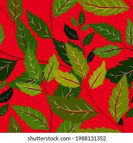 Botanical seamless pattern with leaves. Bright summer or spring print for any purposes. Colorful hand drawn illustration. Vintage natural pattern. Organic background.	